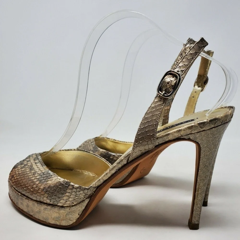Ralph Lauren Snake Print Buckle Metallic Heels